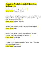 Cognitive Psychology: Attention Quiz Questions and Answers
