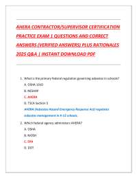 AHERA CONTRACTOR/SUPERVISOR CERTIFICATION  PRACTICE EXAM 1 QUESTIONS AND CORRECT  ANSWERS