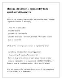 Biology 101 Session 1-4 quizzes Ivy Tech questions with answers