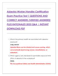 Asbestos Worker/Handler Certification  Exam Practice Test 1 QUESTIONS AND  CORRECT ANSWERS