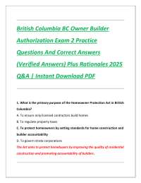 British Columbia BC Owner Builder  Authorization Exam 2 Practice  Questions And Correct An