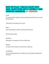 NUR 250 Exam 1 Mental Health 2025 2026. QUESTIONS WITH CORRECT AND  VERIFIED ANSWERS. A+