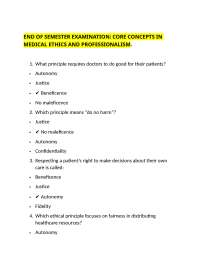 END OF SEMESTER EXAMINATION: CORE CONCEPTS IN MEDICAL ETHICS AND PROFESSIONALISM