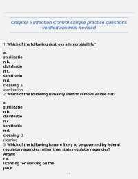 Chapter 5 Infection Control sample practice questions verified answers /revised