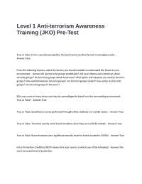 Level 1 Anti-terrorism Awareness Training (JKO) Pre-Test Questions and Answers