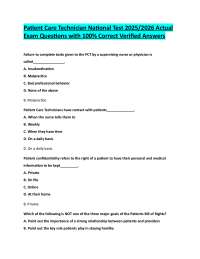 Patient Care Technician National Test 2025/2026 Actual  Exam Questions with 100% Correct V