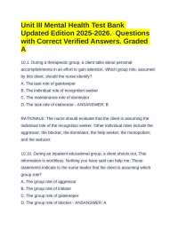 Unit III Mental Health Test Bank Updated Edition 2025-2026.  Questions & Correct Answers
