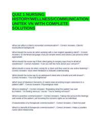 QUIZ 1 NURSING HISTORY-WELLNESS-COMMUNICATION UNITEK VN WITH COMPLETE SOLUTIONS