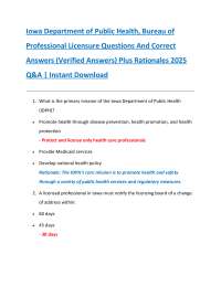 Iowa Department of Public Health, Bureau of  Professional Licensure Questions And Correct