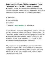 American Red Cross PALS Assessment Exam Questions and Answers (Solved Papers)