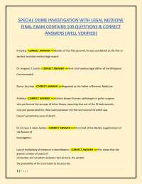 SPECIAL CRIME INVESTIGATION WITH LEGAL MEDICINE  FINAL EXAM CONTAINS 100 QUESTIONS & ANS