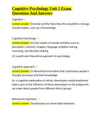 Cognitive Psychology Unit 1 Exam: Questions and Answers