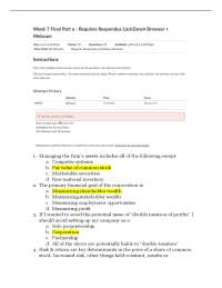 Wilmington University FIN 305 Week 7 Final Exam 2025