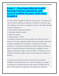 Exam 1 - Psychiatric/Mental Health Nursing Practice Questions with Correct Verified Answer