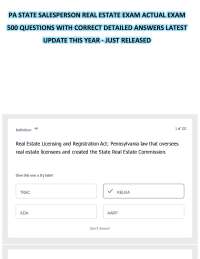 PA STATE SALESPERSON REAL ESTATE EXAM ACTUAL EXAM 500 QUESTIONS WITH CORRECT DETAILED ANSW