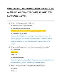 CWEA GRADE 1 LAB ANALYST EXAM ACTUAL EXAM 200  QUESTIONS AND CORRECT DETAILED ANSWERS WITH