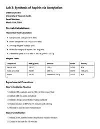 Organic Chemistry Lab Report - Synthesis of Aspirin