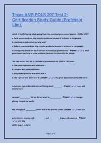 Texas A&M POLS 207 Test 2: Certification Study Guide (Professor Lim)Lim).