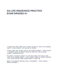 GA LIFE INSURANCE PRACTICE EXAM GRADED A+