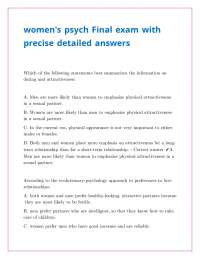 Women's Psychology Final Exam: Dating, Relationships, and Sexuality