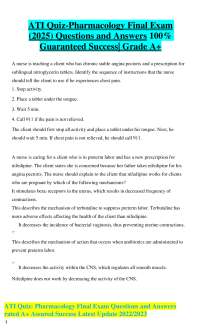 ATI Quiz-Pharmacology Final Exam  (2025) Questions and Answers 100%  Guaranteed Success| G