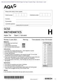 AQA GCSE MATHEMATICS / H Higher Tier Paper Question Paper + Mark Scheme + Inser