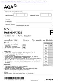 AQA GCSE MATHEMATICS / F Foundation Paper Question Paper + Mark Scheme + Insert