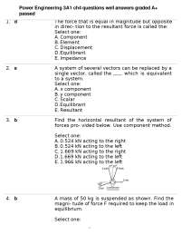Power Engineering Exam Questions on Forces and Equilibrium