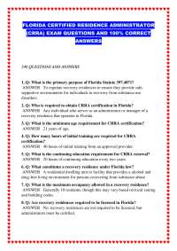 FLORIDA (FL) CERTIFIED RESIDENCE ADMINISTRATOR (CRRA) EXAM QUESTIONS AND 100% CORRECT ANSW