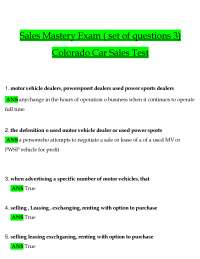 Sales Mastery Exam ( set of questions 3) Colorado Car Sales Test