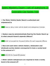 Sales Mastery Exam ( set of questions 2) Colorado Car Sales Test