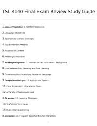 TSL 4140 Final Exam Review: Strategies for Teaching English Language Learners