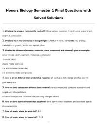 Honors Biology Semester 1 Exam Questions and Solutions