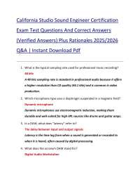 California Studio Sound Engineer Certification Exam Test Questions And Correct Answers (