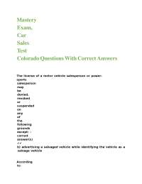 Colorado Motor Vehicle Sales Exam Questions and Answers