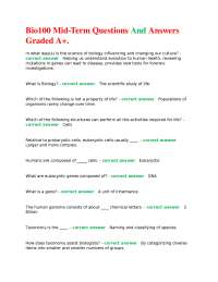 Bio100 Mid-Term Questions And Answers Graded A+.