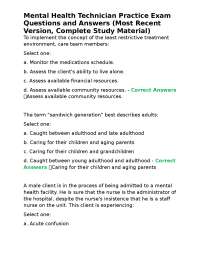Mental Health Technician Practice Exam Questions and Answers (Most Recent Version, Complet