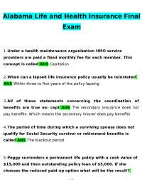 Alabama Life and Health Insurance Final Exam Study Guide with Updated 2025 Questions and V