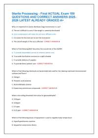 Sterile Processing - Final ACTUAL Exam 100 QUESTIONS AND CORRECT ANSWERS 2025-2026 LATEST