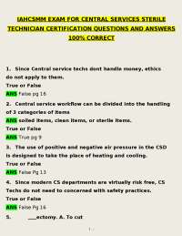 IAHCSMM EXAM FOR CENTRAL SERVICES STERILE TECHNICIAN CERTIFICATION QUESTIONS AND ANSWERS 1