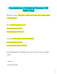 2025 Foundations of Reading Pearson 190 100% Pass Phonological awareness The ability t