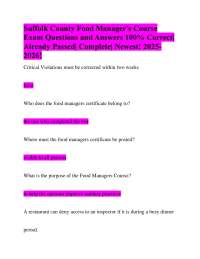 Suffolk County Food Manager's Course Exam Questions and Answers 100% Correct| Already Pass