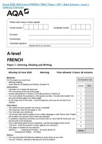 Actual 2025 AQA A-level FRENCH 7652/1 Paper 1 QP + Mark Scheme + Insert + Listening Transc