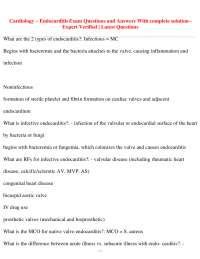 Cardiology – Endocarditis Exam Questions and Answers With complete solution Expert Verifie
