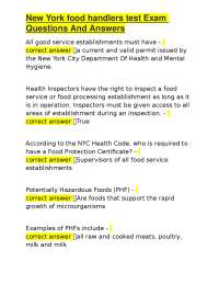 New York Food Handlers Test Exam: Questions and Answers