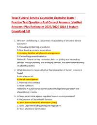 Texas Funeral Service Counselor Licensing Exam – Practice Test Questions And Correct Answ