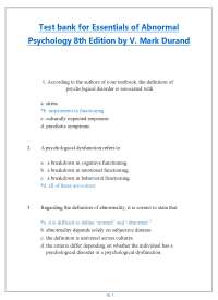 Test bank for Essentials of Abnormal Psychology 8th Edition by V. Mark Durand