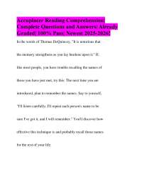 Accuplacer Reading Comprehension| Complete Questions and Answers| Already Graded| 100% Pas