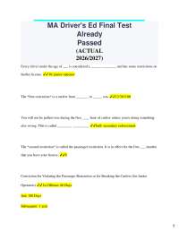 MA Driver's Ed Final Test Questions and Answers