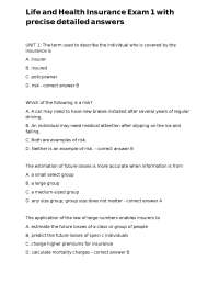 Life and Health Insurance Exam 1: Questions and Answers